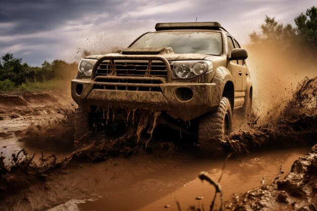 Off Road Vehicle Coming out of a Mud Hole Hazard Mud Splash in OffRoad Racing Generative AI Illustration