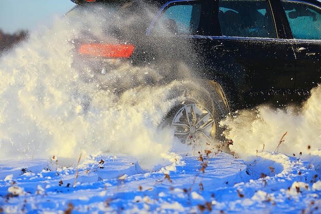 Off-road vehicle drift in the snow field adventure winter speed nature