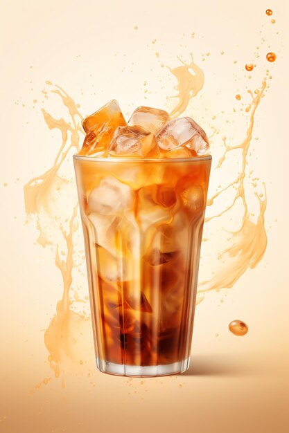 Offee melting into an icy drink ad with copy space on beige background