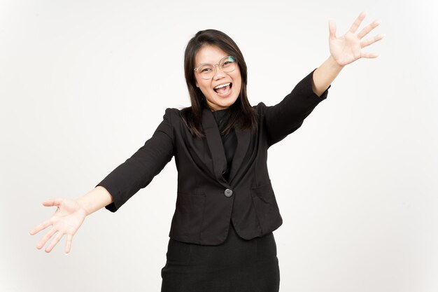 Offering Hug Of Beautiful Asian Woman Wearing Black Blazer Isolated On White Background
