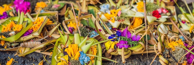 Offers aan goden op Bali met bloemen, etenswaren en geurstokjes. BANNER, lang formaat