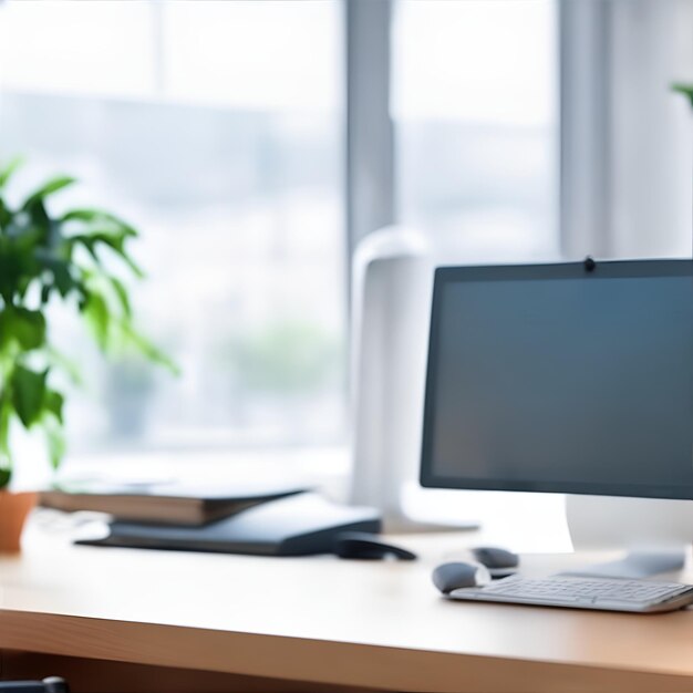 Office background blurred with computer on table with window