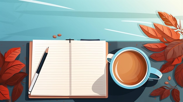 office banner with cup of coffee espresso and open notepads with copy space
