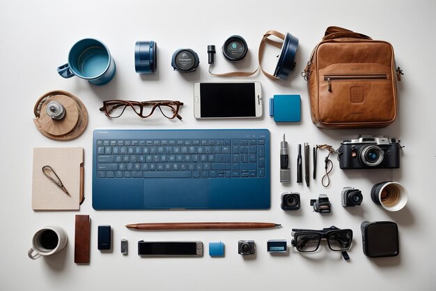 Photo the office blue desk and equipment for working in top view and flat lay on white background