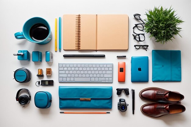 The office blue desk and equipment for working in top view and flat lay on white background