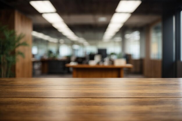 Office blur background with wooden table front