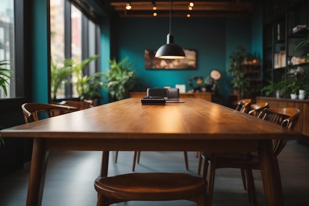 Office blur background with wooden table front