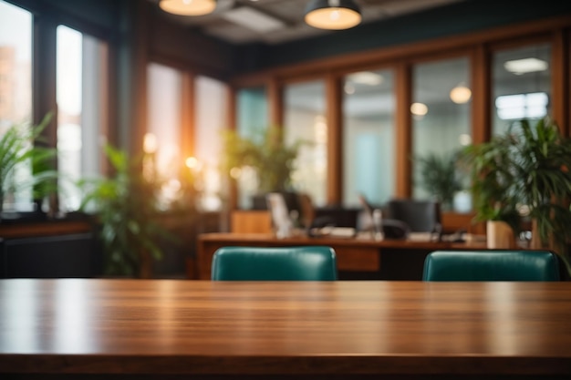 Office blur background with wooden table front