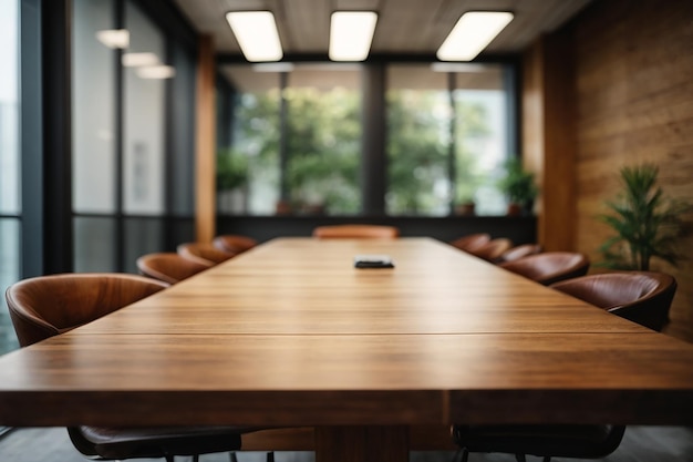 Office blur background with wooden table front