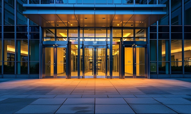 Office Building Entrance at Sunrise with Soft Morning Light