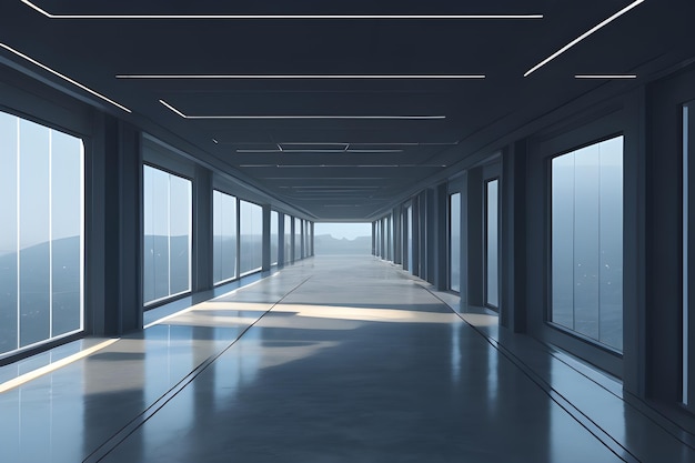 맑은 하늘과 줄지어 있는 창문이 있는 사무실 건물 긴 복도 AI Generative