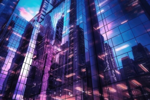 Office buildings in financial district with night lights and sky reflected on modern glass walls of skyscrapers Generative AI