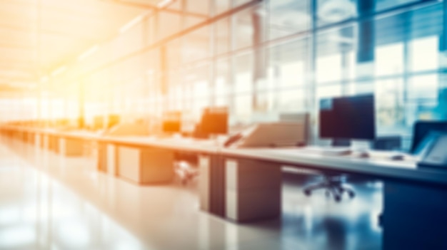 Office business background banner for advertising Blurred in bokeh with sun glare office center