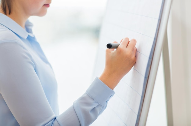 写真 オフィス、ビジネス、人、教育のコンセプト – マーカーでフリップチャートに何かを書いたり描いたりする女性の接写