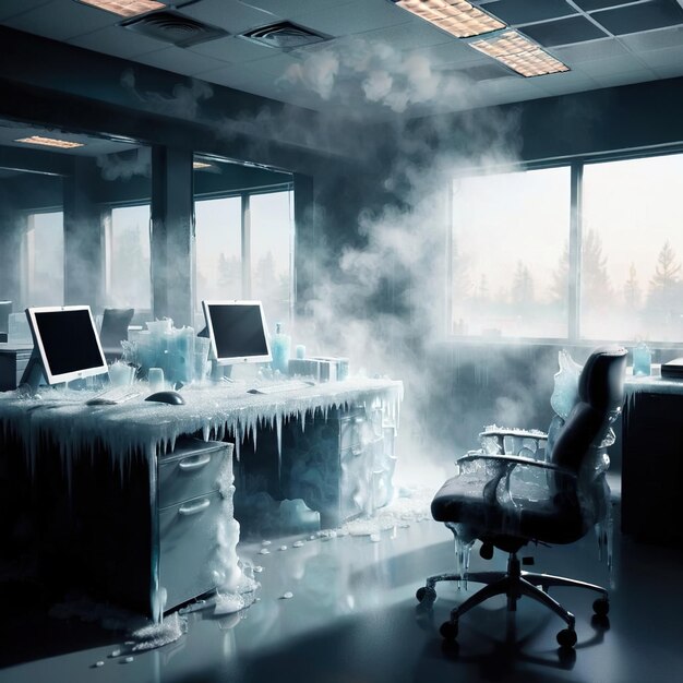 Фото Офис застрял внутри, замерз и был покрыт льдом.