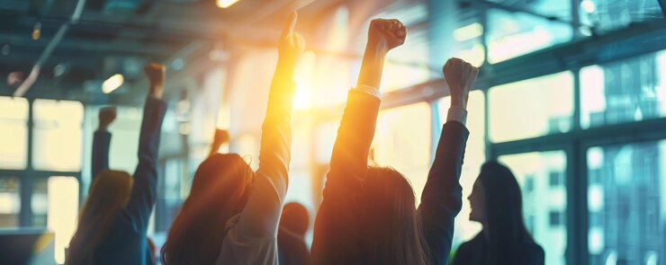 オフィスのビジネスチームが勝利を祝って喜びながら腕を挙げている
