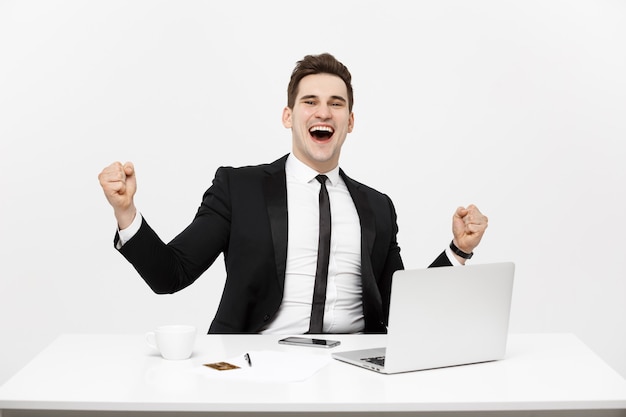 Office business technology finances and internet concept  smiling businessman with laptop computer a...