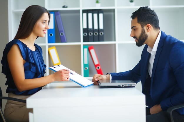 Office Business Woman and Business Man Leading Talks 