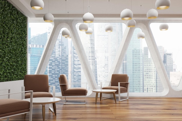 Office cafe interior with a large grass wall, panoramic windows with triangular frames, white round tables and soft brown chairs near them. 3d rendering