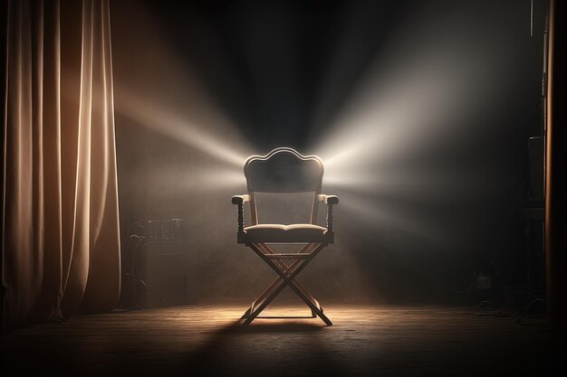 An office chair in a beam of studio light in the middle of a dark room a cinematic scene Free vacancy concept leadership ideal candidate AI generated