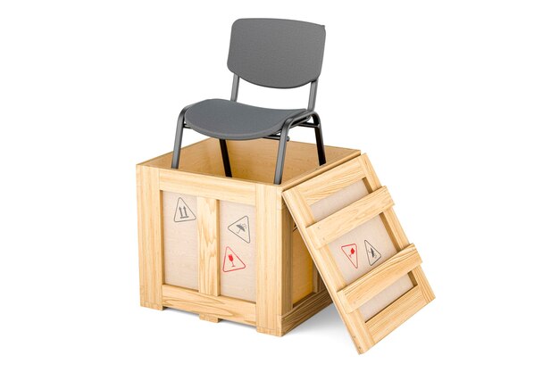 Office Chair inside wooden box delivery concept 3D rendering isolated on white background