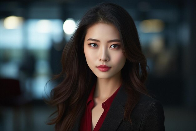 Office chic glows with Asian beauty Korean makeup brown locks shining against studio backdrop