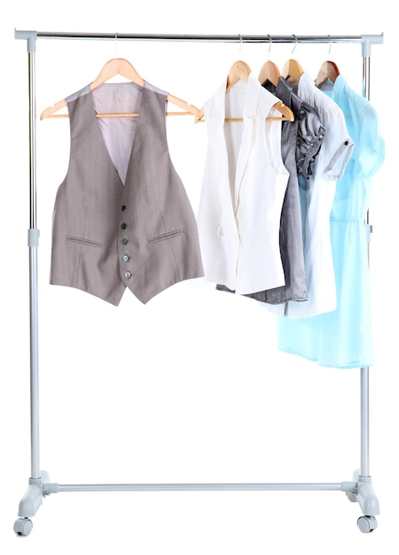 Photo office clothes on hangers isolated on white