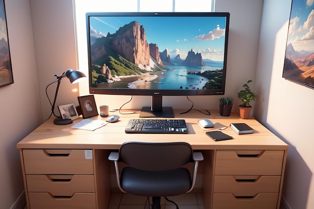 Office conference table computer desk work area intimate interior space for hard work