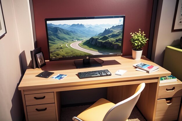 Office conference table computer desk work area intimate interior space for hard work