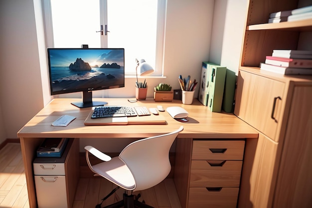 Photo office conference table computer desk work area intimate interior space for hard work