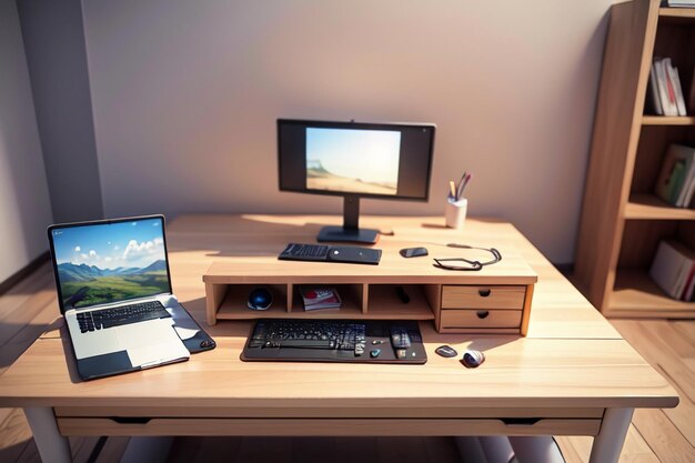 Office conference table computer desk work area intimate interior space for hard work