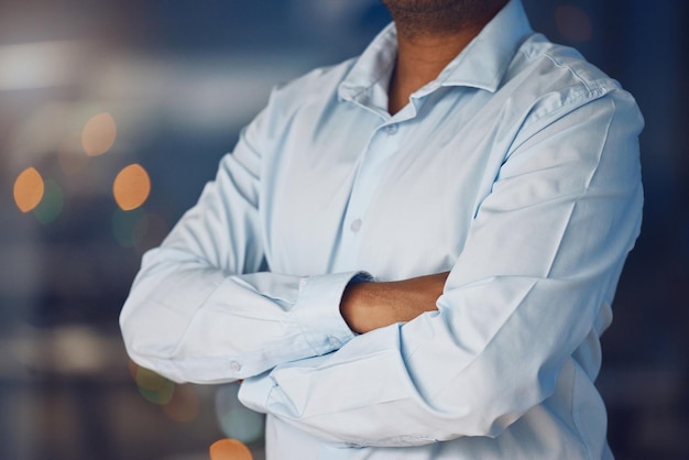 office crossed arms and closeup of business man for planning confidence and company pride corporate person professional and hands of worker ready for career work and job opportunity in workplace