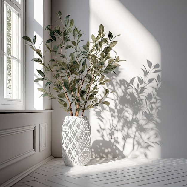 Office design idea green tree in sunlight in an empty room Scandinavian style AI generated