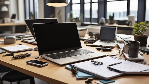 office desk laptop on a desk surrounded by open notebooks pens and other tools symbolizing