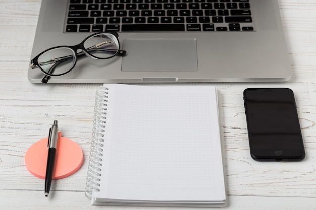 Office desk table of business workplace and business objects.Modern office workplace.