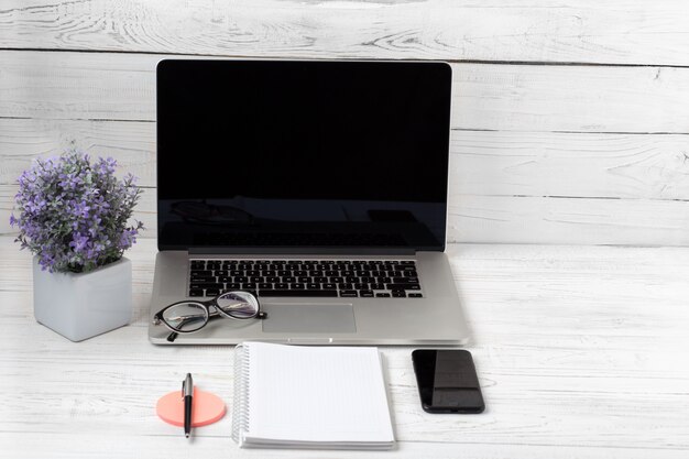 Office desk table of business workplace and business objects.Modern office workplace.