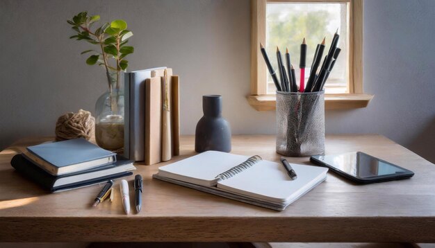 커피 컵, 책, 노트북, 연필, 펜 및 스마트폰이 있는 사무실 책상