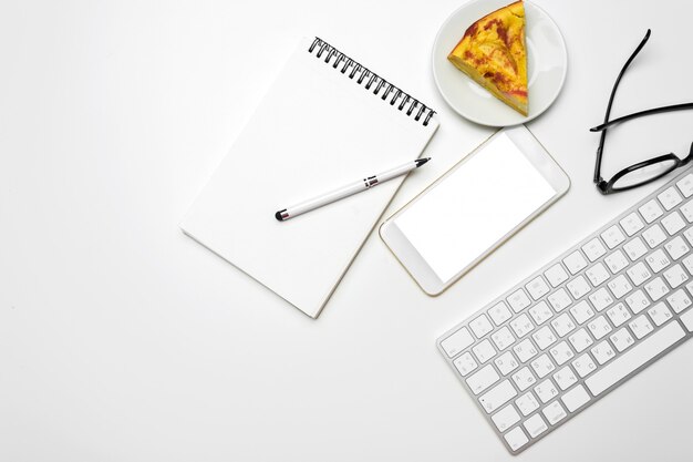 Office desk table with computer keyboard