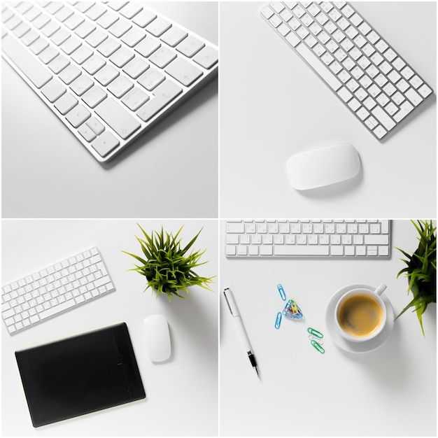 Office desk table with computer supplies and coffee cup