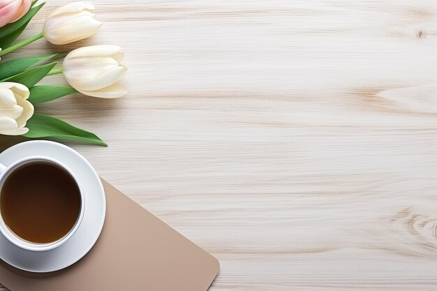 Office desk table with keyboard and coffee cup Top view with copy space