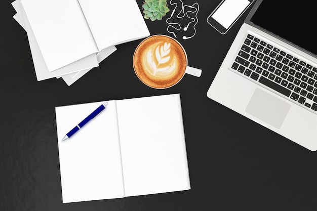 Office desk table with labtop computer,blank magazine smart phone and coffee cup. Top view with copy space,3D rendering