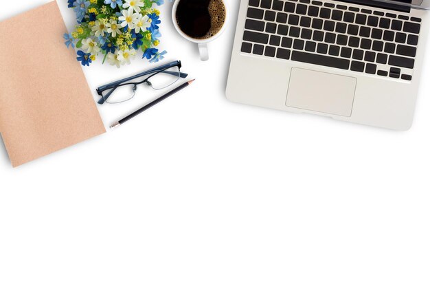 Office desk table with laptop coffee cup and office supplies\
top view