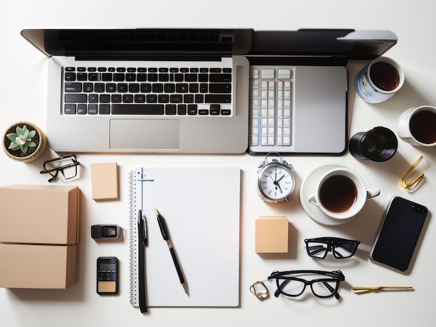 Office Desk Table with Supplies Flat Lay Business Essentials