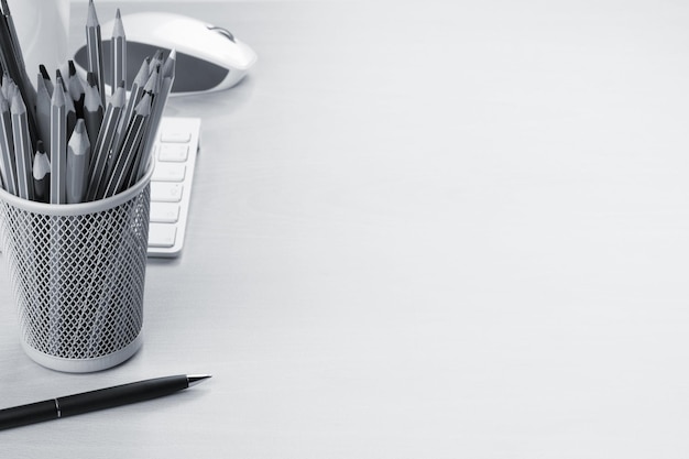 Photo office desk table with supplies