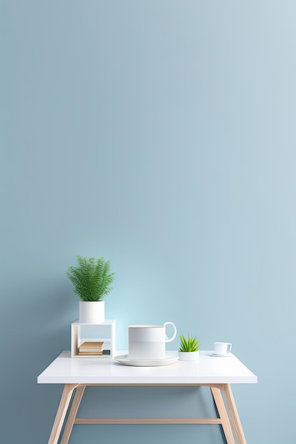 Office desk white table with supplies coffee mug and empty copy space