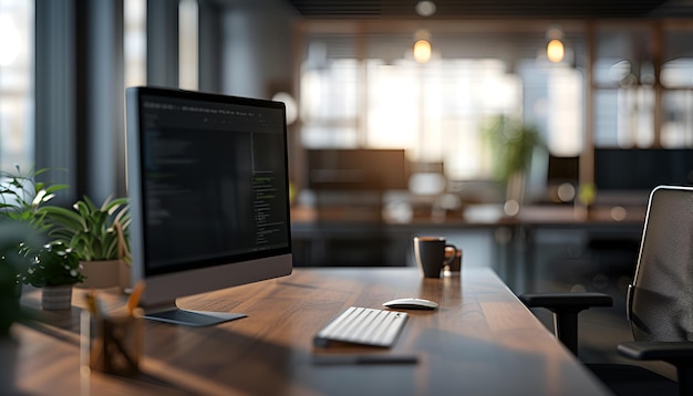 office desk with blurred office in background