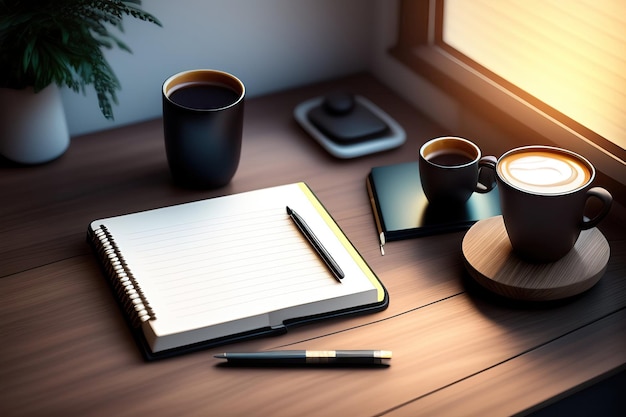 Office desk with coffee and notebook