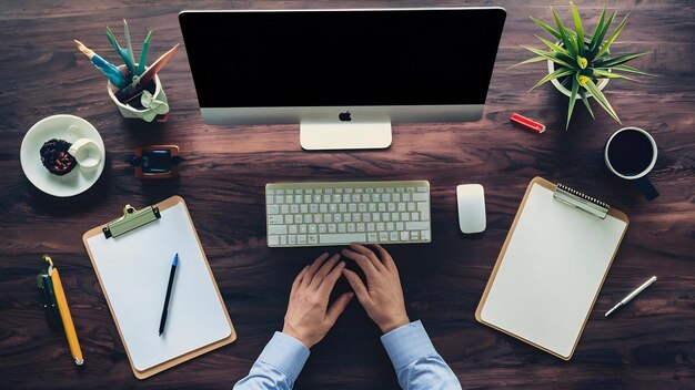 Office desk with computer and clipboard