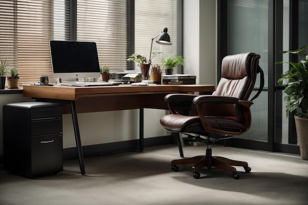 Office desk with computer and desk chair