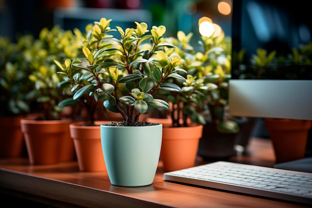 Office desk with a computer and flowersgenerative ai